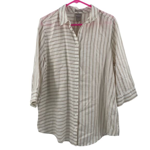 CHICO'S Shirt Size 12/14 No Iron Button Down 100% Linen Stripes White Neutral - Picture 3 of 13